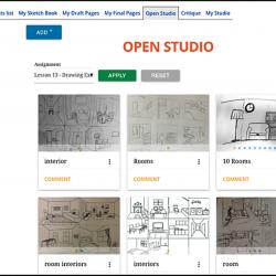 This screenshot of the digital studio shows where student artwork is displayed and viewable by others in the class. 